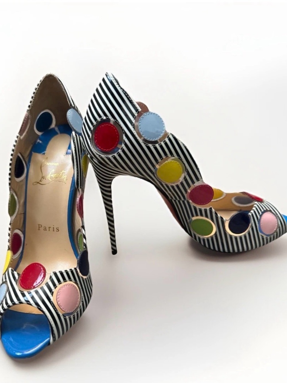 Christian Louboutin “LADY BUG” Striped Peep-Toe Pumps with Multicolor Polka Dots